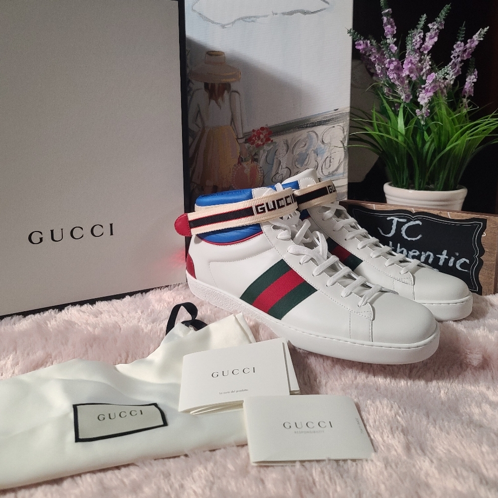 GUCCI Stripe Ace High Top miro soft leather Mens shoes white/multicolor size 10
